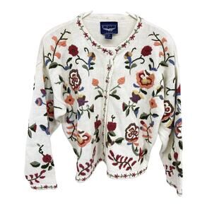 Best American Clothing Co White Sweater Cardigan Floral Embroidered Size M